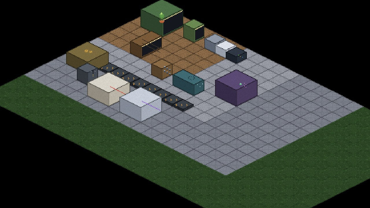 An isometric grow facility in Grow Empire — tents, drying racks, processing machines and conveyor belts laid out on a concrete pad